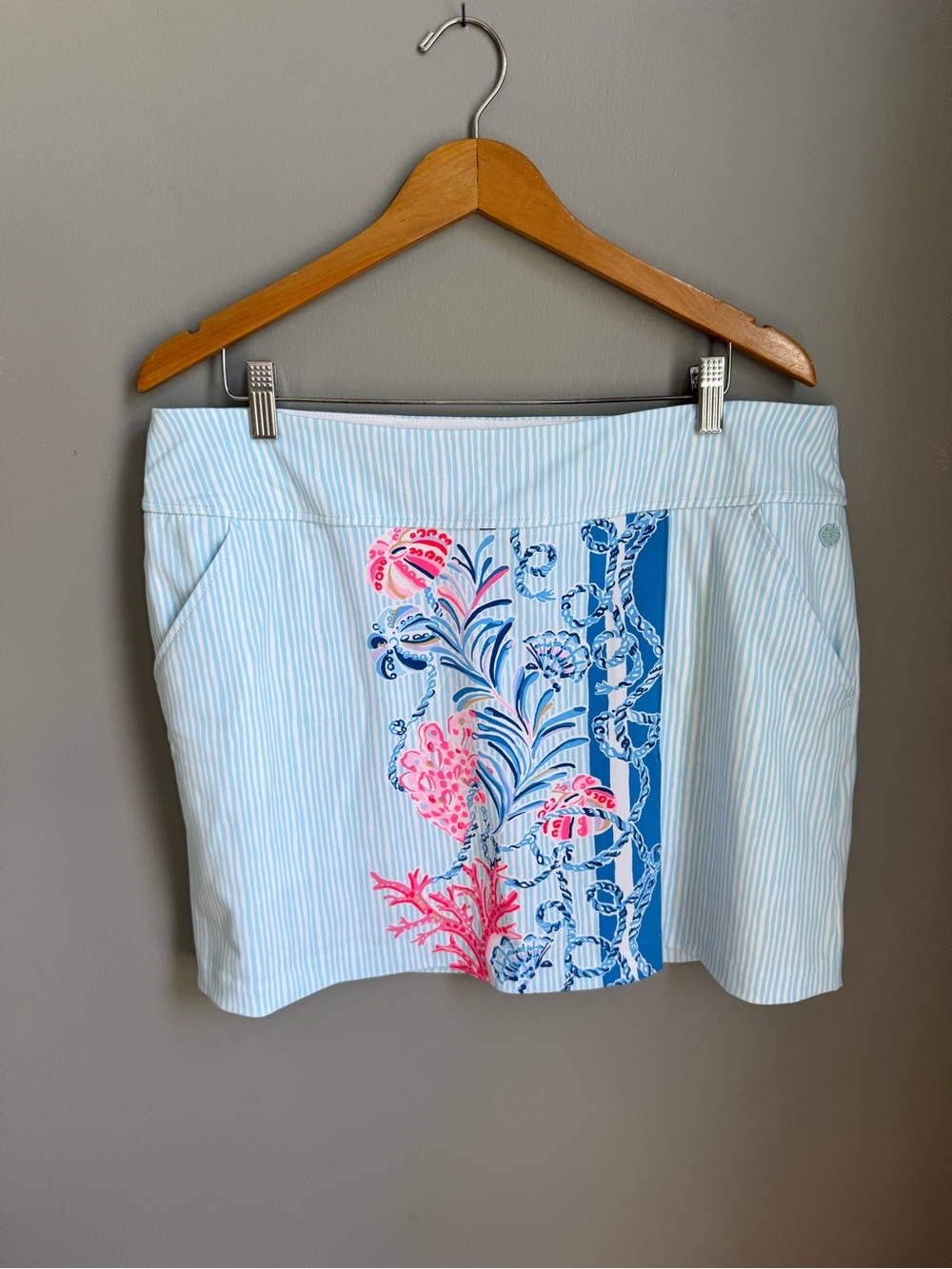 Lilly Pulitzer Light Blue Striped Mini Skirt with Pink & Blue Floral Panel